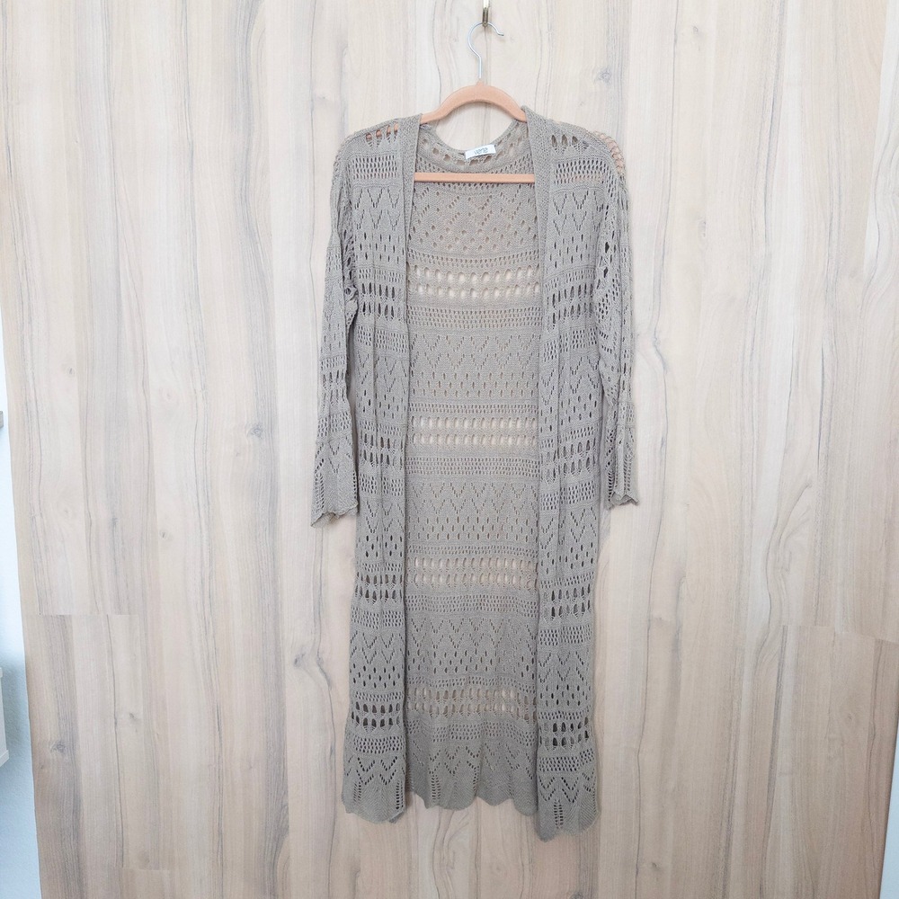 Verte Womens Crochet Cardigan OS Taupe Open Knit Longline Boho Coastal Beachy